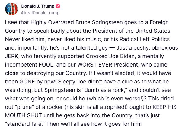 Trump bezpardonowo atakuje Springsteena. Screen z Truth Social